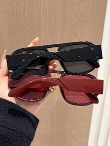 1 Pair Women's Fashionable Retro Jujube Red Double-Bridge Aviator Fashion Glasses - Multicolor - View 3