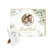 Wedding Guest Book with Photo Frame - Elegant Flower Design Hardcover with Golden Edges Wedding Guest Book - 120 Pages for Wedding Reception Bridal Shower and Special Events - como en la foto - Ver 1