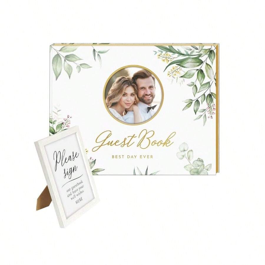 Wedding Guest Book with Photo Frame - Elegant Flower Design Hardcover with Golden Edges Wedding Guest Book - 120 Pages for Wedding Reception Bridal Shower and Special Events - como en la foto - Ver 1