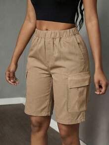 Teen Girls' Elastic Waist Solid Color Casual Utility Shorts, Versatile For Daily Wear - Khaki - View 5