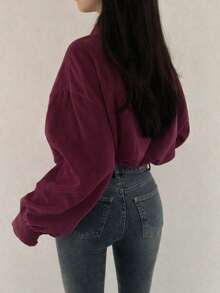 Women's Burgundy Short Jacket, Vintage Casual Utility Style Top, Drawstring Adjustable Hem, Flattering & Elongating, Suitable For Spring & Autumn - Burgundy - View 4
