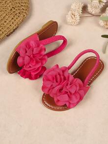 1 par de sandálias rasteiras pretas de tecido macio com estampa floral, bico redondo, elásticas, ideais para meninas de 3 a 12 anos, perfeitas para uso casual, praia, férias e verão de 2026. - Rosa Quente - Ver 5