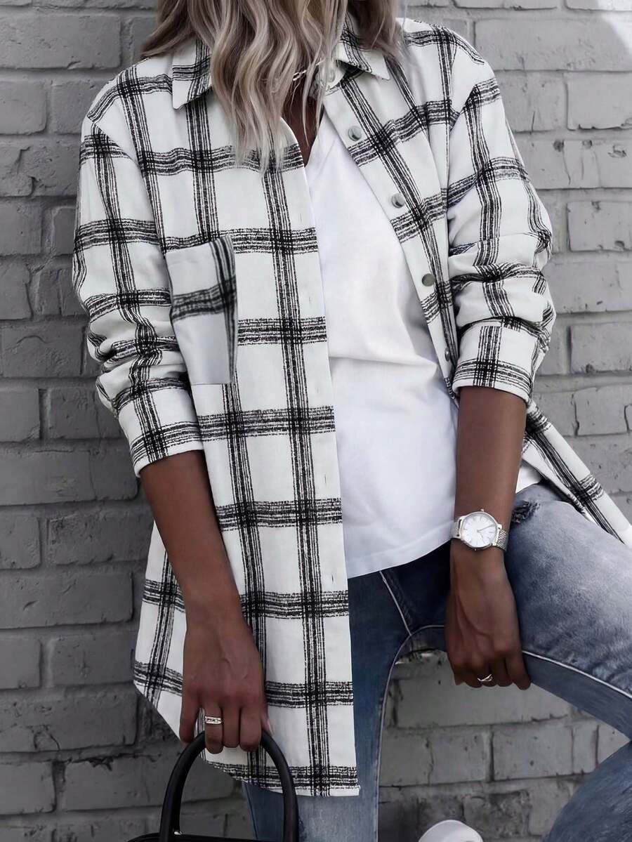 Casual Long Sleeve Plaid Shirt, Regular Hem, Non-Stretch Fabric - White - View 1