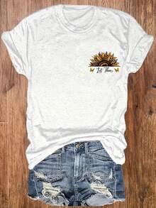 Women'S Inspirational Sunflower & Quote Graphic Print T-Shirt - Casual Vacation Short Sleeve Round Neck Top, Medium Stretch Machine Washable White Tee For Casual Attire, Cute Shirts For Summer, Beach Clothing, Nontransparent MaterialLoose Fit Benito Bowl,Big Game, Football Fast Delivery Women'S Casual And Stylish Short-Sleeved Printed Shirt/T-Shirt, Breathable, Suitable For Outdoor Sports, Everyday Wear, Birthday Gifts, Christmas Gifts, Halloween Gifts, Or As A Commemorative Shirt For Friends Or Loved Ones. Also Suitable As A Pullover - trắng - Xem 3