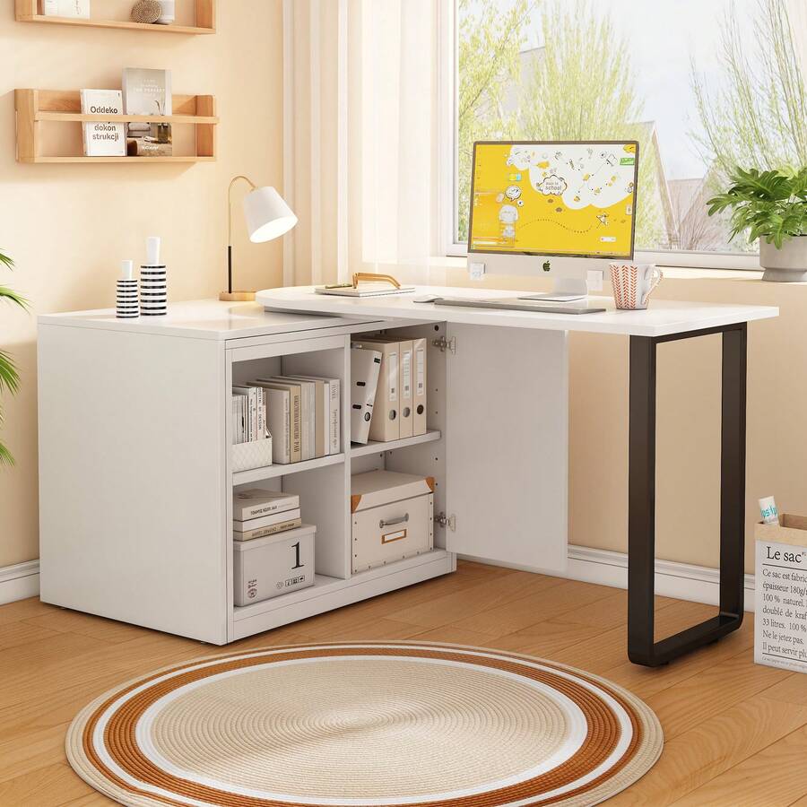This 2-In-1 Folding Desk And Bed Features A Metal Frame And Legs, A 4cm Thick Mattress, Wheels, A Single Wardrobe With Two Storage Compartments, And Is White. - White - View 1