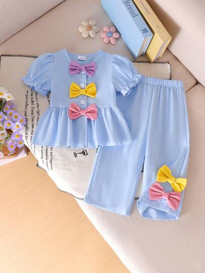 2pcs Baby Girls' Sweet Colorful 3D Bow Puff Sleeve Round Neck Short Sleeve Top + Matching Solid Color Bow Long Pants Set, Summer
