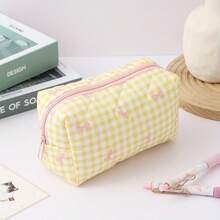 1pc Elegant Single-Layer Grid Pattern Pencil Case, Pink Bow Design Creative Student Stationery Storage Bag, Fashionable Portable Study Supplies Essential For Office Desk Organization - Multicolor - View 10