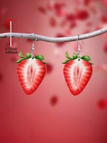 1 Pair 2D Flat Cartoon Strawberry Acrylic Pendant Earrings, Elegant Minimalist Style Jewelry Earrings For Women, Suitable For Daily And Holiday Wear - Red - View 1