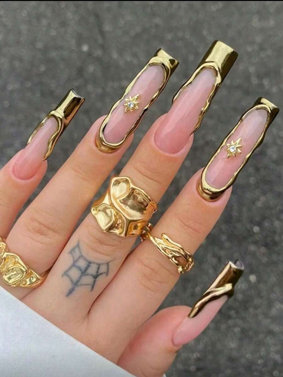 24 piezas de pegatinas de uñas cuadradas largas minimalistas francesas con estrellas 3D, con 1 lima de uñas y 1 esmalte de uñas de gel - Multicolor - Ver 1