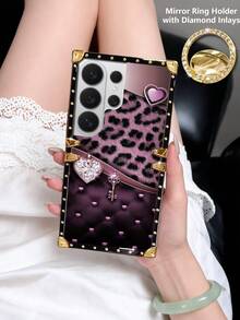1pc Multi-Color Leopard Print With Heart-Shaped Key Pattern Rectangle Stylish Shockproof Phone Case, With Rhinestone Mirror Ring Holder Stand, Compatible With Samsung Galaxy S26 Ultra/S26/S26 Plus/S25FE/S25Ultra/S25+/S25/S24 Plus/S24/S24U/S23 Ultra/S22ULTRA/A56 5G/A36/A17/A16 And 17proamx/17/16 Promax/16/15PRO Max/15/14 Plus/15plus/14 Pro Max/13promax Models. [International Version, Not Domestic] - Multi-color + Ring Holder - View 1