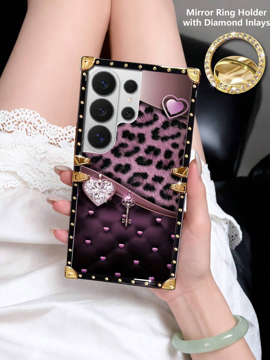 1pc Multi-Color Leopard Print With Heart-Shaped Key Pattern Rectangle Stylish Shockproof Phone Case, With Rhinestone Mirror Ring Holder Stand, Compatible With Samsung Galaxy S26 Ultra/S26/S26 Plus/S25FE/S25Ultra/S25+/S25/S24 Plus/S24/S24U/S23 Ultra/S22ULTRA/A56 5G/A36/A17/A16 And 17proamx/17/16 Promax/16/15PRO Max/15/14 Plus/15plus/14 Pro Max/13promax Models. [International Version, Not Domestic] - Multi-color + Ring Holder - View 1