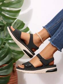 Sandal Wanita Model Wedges Musim Panas Terbaru 2026, Nyaman, Dapat Diatur, dengan Perekat Velcro, Anti Selip, Sol Lembut, Sandal Kasual untuk Berjalan, Ukuran Besar Serbaguna - Hitam - View 3