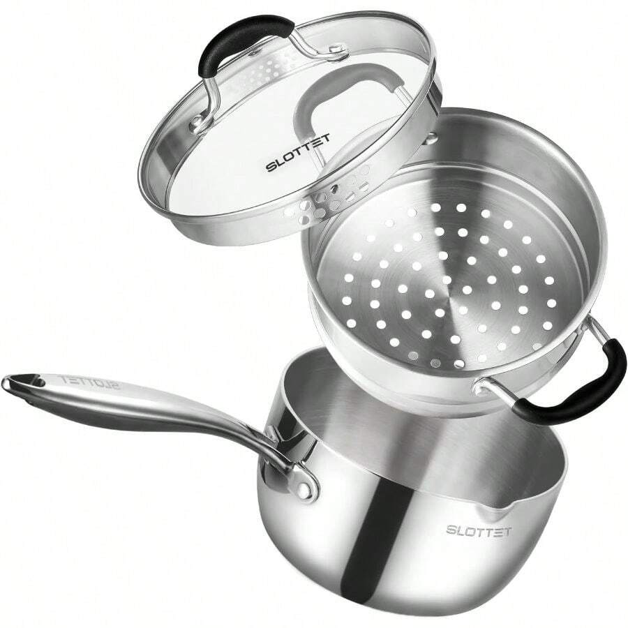 Pots, 3.5 Quart Stainless Steel Saucepan With Steamer, Tri-Ply Full Body Small Multipurpose Pot With Pour Spout, Strainer Glass Lid, 3 Qt Sauce Pan Cooking With Stay-Cool Handle. - Xem 1