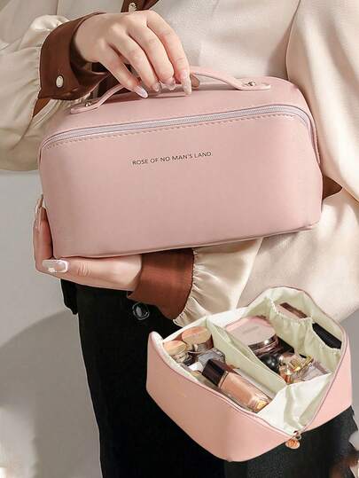 1pc PU Leather Travel Makeup Bag, Multi-Layer Makeup Brush Organizer, Waterproof Cosmetic Storage Pouch, Multifunctional Toiletry Bag For Skincare, Makeup, Brushes, Powder, Lipstick, Suitable For Beach, School, Bathroom, Holidays, Valentine's Day, Christmas, Gift For Family And Friends
