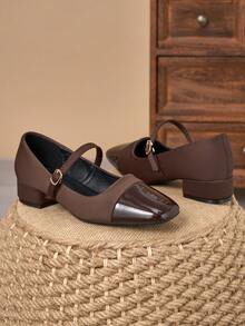 MonaNise Square Toe Low Chunky Heel Work Pumps - Brown - View 3