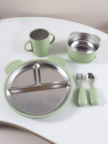 5 PIEZAS Juego de alimentación personalizado para bebé - Plato de acero inoxidable con 3 secciones y funda de silicona grabado, taza a juego, tazón y utensilios con mango de silicona - Multicolor - Ver 14