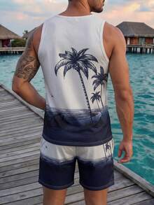男士夏季棕榈树印花无袖背心和休闲短裤套装，男士度假风无袖背心套装 - 彩色 - 查看 2