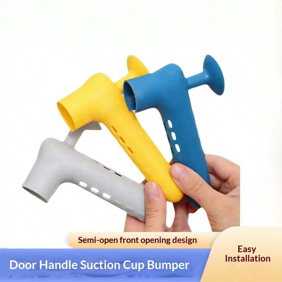 ‌3 PiecesSilicone Door Handle Covers – Child , Noise-Reducing With Built-In Suction Cups For Kids, Pets & Elders, Gray/Blue/Yellow, Tool-Free Install