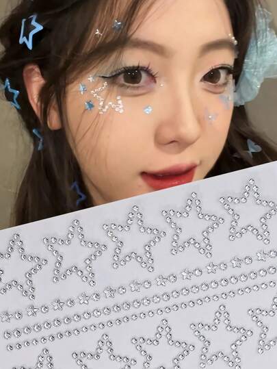 Silver Hollow Five-Pointed Star Diamond Stickers, Rhinestone Star Face Stickers For Phone Case Decoration, DIY Rhinestone Stickers For Notebook, Stage Makeup Rhinestone Stickers, Opaque Backing Easy To Tear, European And American Y2K Style Accessories, Creative Nail Art Rhinestone Decorations