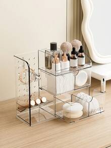 1 pieza Caja de almacenamiento transparente tipo cajón para borlas de maquillaje, almohadillas y perfumes, estante de exhibición de joyas y collares tipo tablero perforado - Multicolor - Ver 3