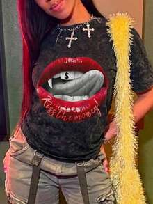 Dollar Sign & Vampire Fang Print Washed Women's Regular Fit Punk Style Top, Suitable For Nightlife - Black - View 3