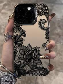 Fashionable Luxury Black Lace Print Partial Screen Phone Case Compatible With 17/16/15 Pro Max, Also Fits 14/13/12/11 Models And XS/XR, With Anti-Pollution Feature - Multicolor - View 1