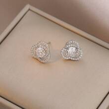 3pcs/Set Elegant Rhinestone Flower & Square Stud Earrings, Versatile For Daily, Work, And Party Wear - Multicolor - View 4