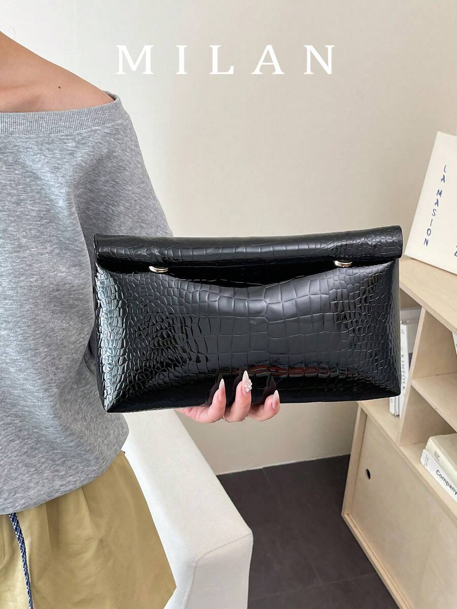 Túi xách nữ cầm tay cỡ lớn kiểu Hàn Quốc mới năm 2026, túi phong bì tối giản viền cuộn, túi xách thời trang thanh lịch.