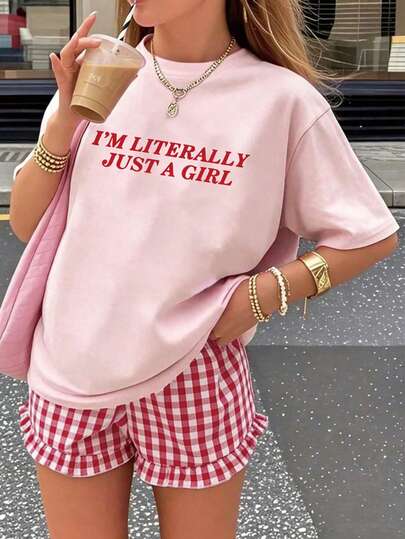 Teen Girls' 2pcs Outfit, "I'm Literally Just A Girl" Slogan Tee & Red Gingham Ruffle Shorts Set, Preppy Casual Wear