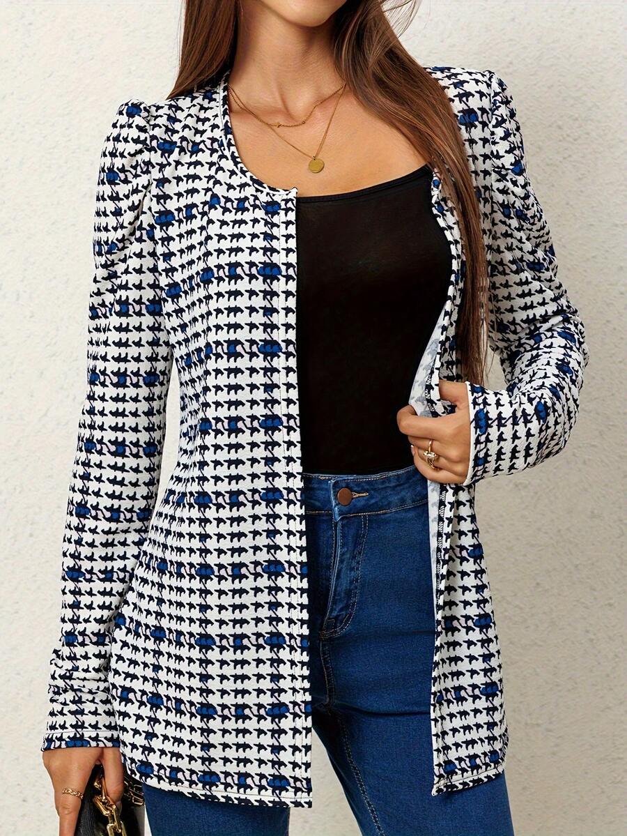 Women's Spring/Summer Casual Lightweight Jacket, Houndstooth Print Round Neck Cardigan, Puff Sleeve Regular Fit Outerwear - Blue - View 1