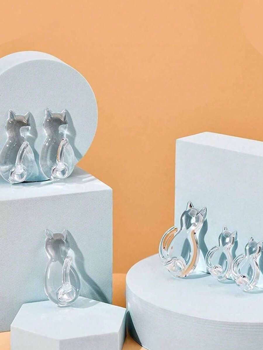 2个可爱免打孔粘钩，结实透明，猫咪图案，乙烯基材质，可用于墙面和门上悬挂衣物和帽子 - 彩色 - 查看 1