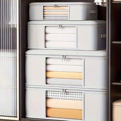 1/3 包带盖衣物收纳箱，可折叠毛毯收纳袋，带拉链、透明窗口和加固提手，适用于衣柜收纳和整理衣物、毛衣、被子