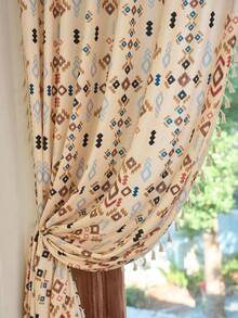 1件波西米亚风彩色几何图案薄纱窗帘，带流苏 - 彩色 - 查看 4