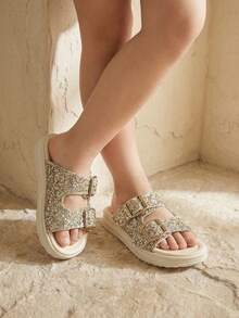 1 Pair Children's Fashion Slippers, Summer Slip-On Gold Sequin Matching Colorful Sequin Sandals, Adjustable Metal Buckle, Versatile Casual, Suitable For Home, Vacation, Outdoor Play - Gold - View 4