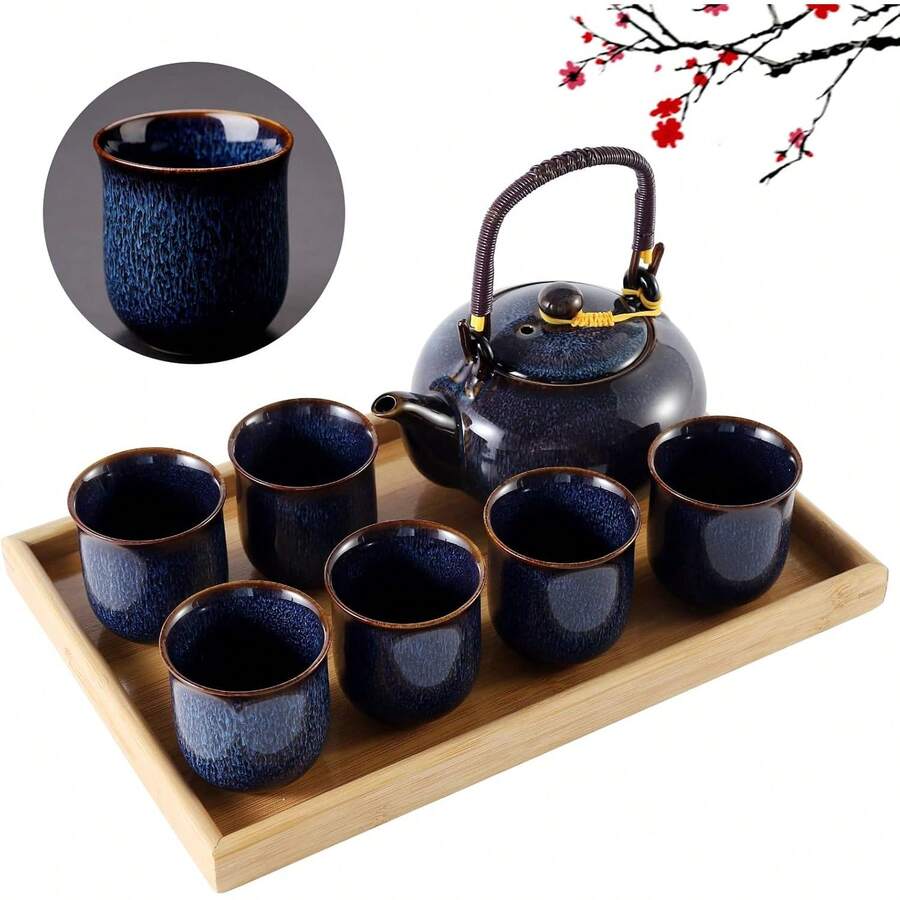 Dujust Juego de té japonés, juego de té de porcelana cian-azul con 1 juego de tetera, 6 tazas de té, 1 bandeja de té, 1 infusor de acero inoxidable, juego de té asiático para amantes del - azul oscuro - Ver 1
