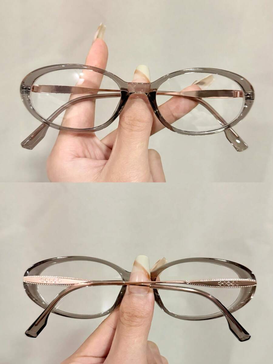 1副女士时尚复古优雅椭圆形镜框透明镜片眼镜,镜腿印花设计,适合日常通勤和装饰 - 彩色 - 查看 1