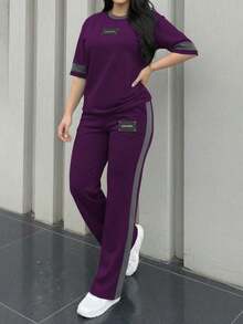 2pcs Women's Spring/Autumn Round Neck Short Sleeve T-Shirt And Elastic Waist Loose Pants Set, Casual Daily Wear Summer - 深紫色 64 - 查看 3