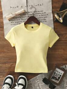 夏季新款休闲圆领短袖修身T恤，时尚百搭女式上衣 - 黃色 - 查看 2