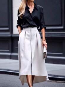 Women's Elegant Single-Breasted Long Sleeve Top And Contrast Color Zipper Skirt 2-Piece Set, Commuting, Elegant, Casual, Zipper, Spring/Summer - Trắng-xanh - Xem 7