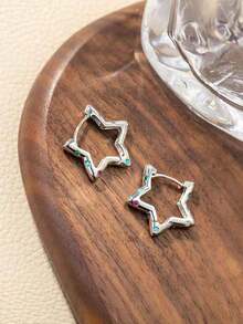 Hihho 2pcs Bright Color Cubic Zirconia Embedded Smooth Pentagram Cubic Zirconia Hoop Earrings For Women, Unique Creative Stars Earrings For Daily Wear, Holiday Party Gifts - 黃金 - 查看 6