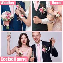 Pcs Rose Corsage And Boutonniere Set Ties And Pocket Square For Men Wristlet Band Bracelet Wedding Accessories - 粉色 - 查看 6