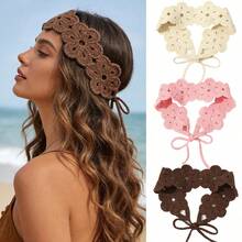 1pc Solid Color Crochet Headband, Boho Style Knitted Headband, Floral Woven Headband, Women's Fashion Headband, Soft Polyester Fiber Headband Hair Accessory, Travel Photography Decor Headband, Suitable For Beach, Summer, Travel, Women Hair Accessory - Multicolor - View 2