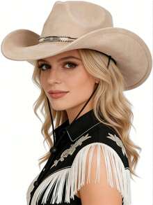 1pc Women's Western Cowboy Hat, Faux Suede Woven Band Design With Windproof Rope, Spring/Autumn Daily Wear/Stage Performance/Western Theme Party - Top Hat - View 6