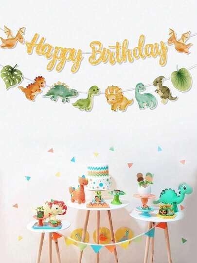Dinasour Birthday Banner Pull Flag With "Happy Birthday", Dinosaur Theme Birthday Party Room Wall Background Decoration Supplies, Jungle Animals Style Party Favor, Birthday Gift, Birthday Decor, Home Decor Wall Decor, Dinasour Decor