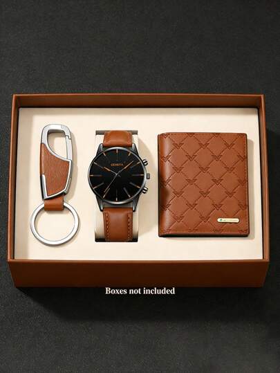 3pcs Set: Teenage Fashion Casual Round Pointer PU Leather Quartz Watch, Wallet And Keychain Combo, Suitable For Daily Wear, Parties, Valentine's Day, Christmas, Father's Day, Also Great Gift For Friends And Family, Versatile Everyday Essential
