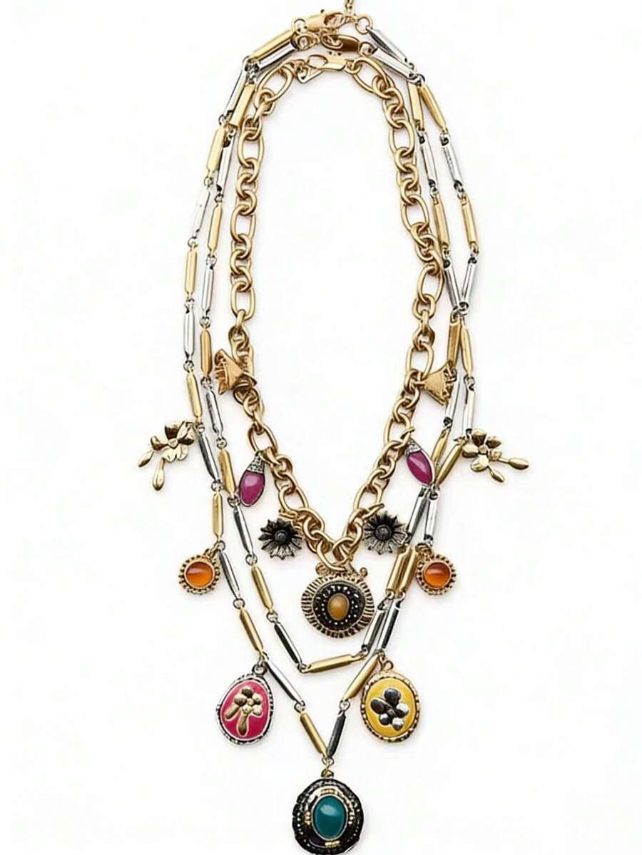 1 Set Fashionable Multi-Layer Retro Floral Dopamine Color Necklace - Multicolor - View 1