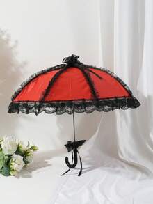 1pc Women's Lolita Lace Trim Black Lace Red Parasol, Wedding Bridal Umbrella - Red - View 5