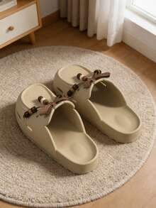 1 Pair Women's Fashion Versatile EVA Thick-Sole Bow Tie Hollow Slip-On Sandals, Non-Slip Design Flat Casual Slippers, Suitable For Spring/Summer - Khaki - View 2
