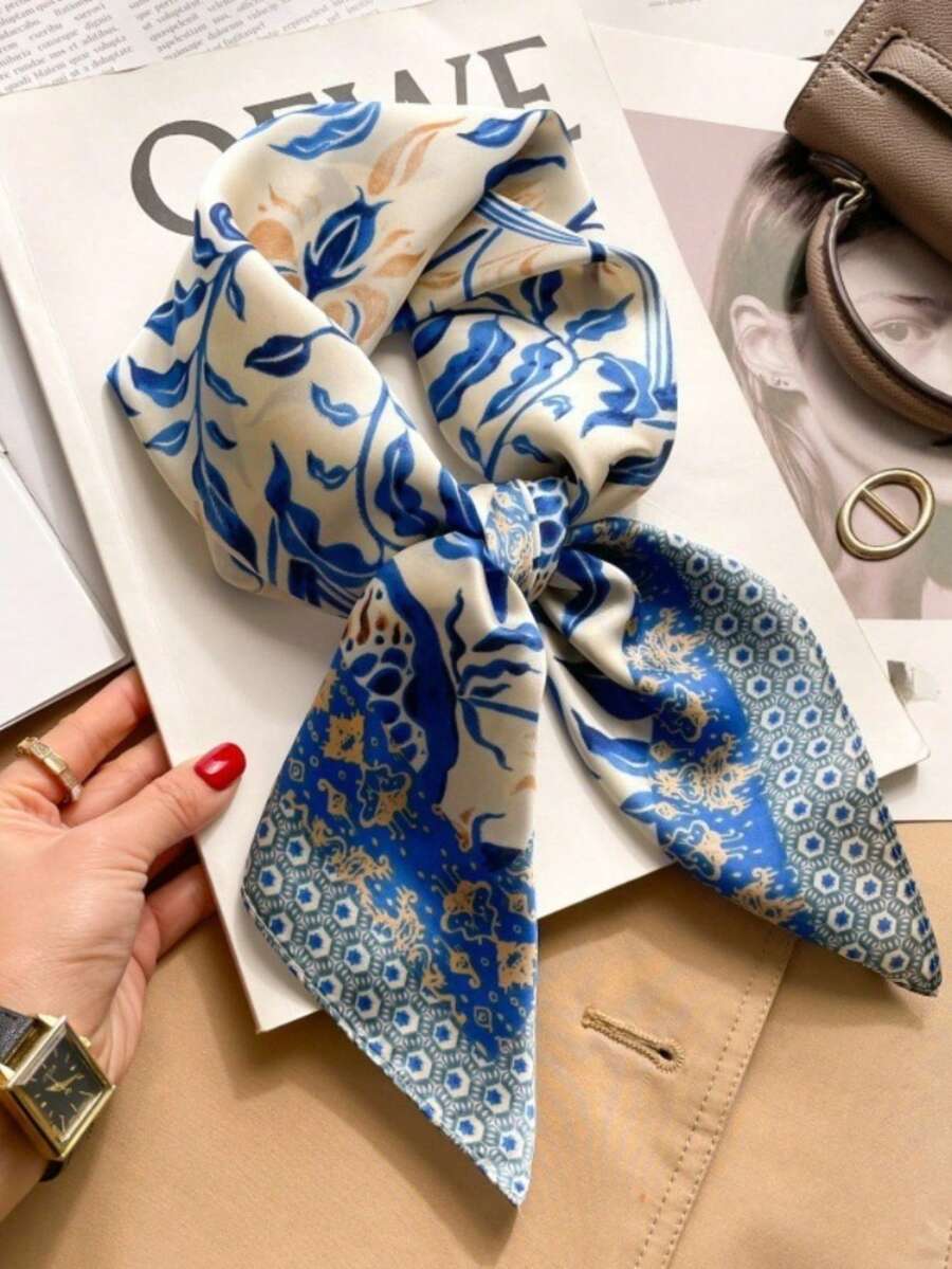 1 chiếc khăn vuông mỏng in họa tiết thời trang thanh lịch/cổ điển dành cho nữ, chất liệu giả lụa/satin, có thể dùng làm khăn trùm đầu, khăn quàng cổ, khăn choàng, v.v., nhẹ và thoải mái, phù hợp để sử dụng hàng ngày, cũng có thể kết hợp với băng đô, áo choàng, mũ đội đầu, thích hợp cho mùa xuân, hè và thu, cũng là một lựa chọn quà tặng lý tưởng cho Ngày của Mẹ và Ngày Quốc tế Phụ nữ, đi biển, nghỉ lễ. - Xanh và trắng - Xem 1