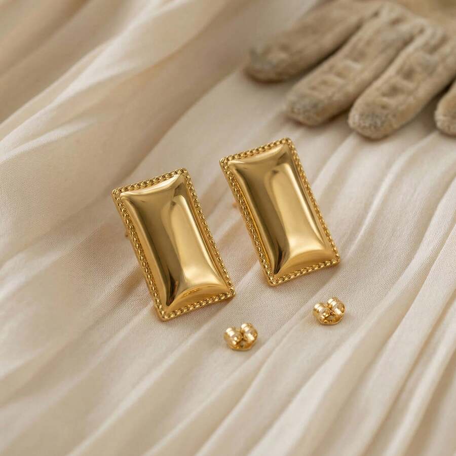 Orecchini da donna, orecchini a perno rettangolari geometrici dorati con bordo puntinato a forma di perla, in acciaio inossidabile, accessorio gioiello minimalista alla moda e versatile, adatto per uso quotidiano, feste e uscite - Multicolore - Visualizzare 1